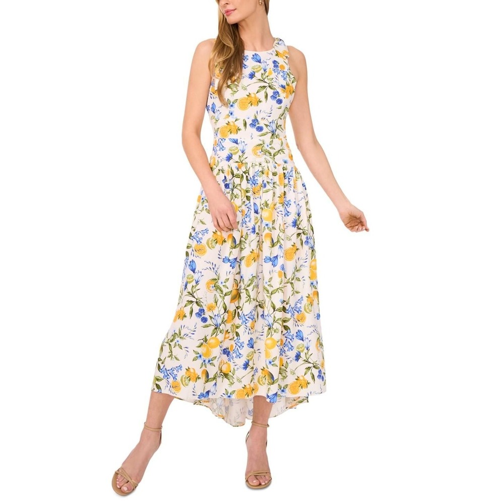 CeCe Floral Crewneck Bow-Strap High-Low Dress - Blue Lemon - Size XL (W1)